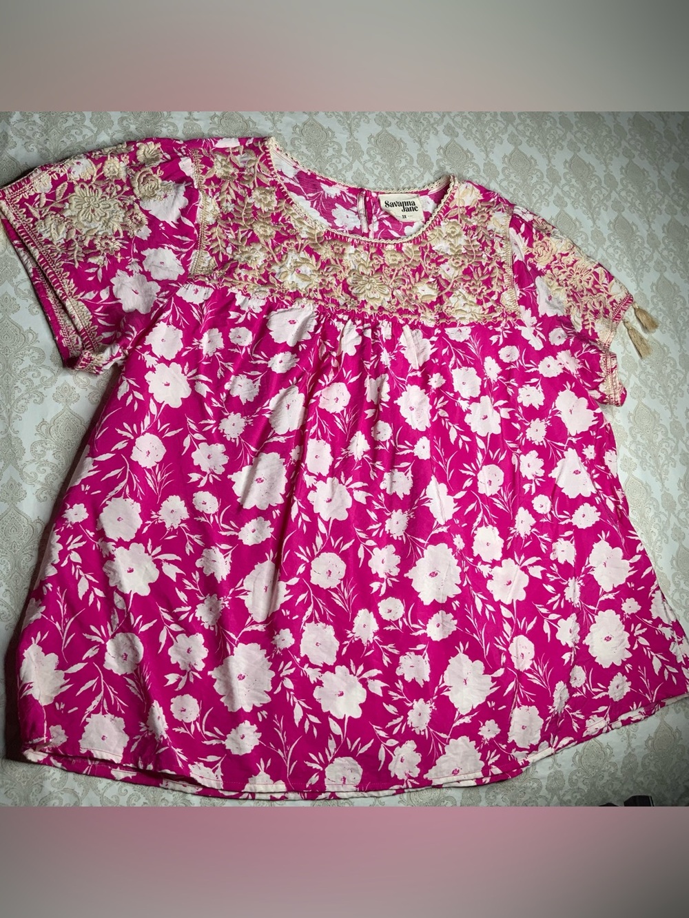 Savanna Jane Hot Pink Floral Embroidered Woven Top 3X - Picture 4 of 10